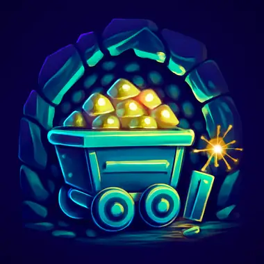 Mit Goldklumpen beladene Lore im Stollen neben brennender Zündschnur