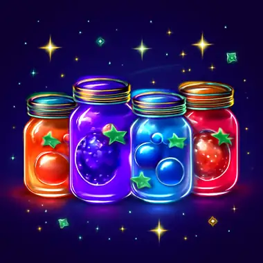 Bunt leuchtende Marmeladengläser mit Früchten und Disco-Funkeln